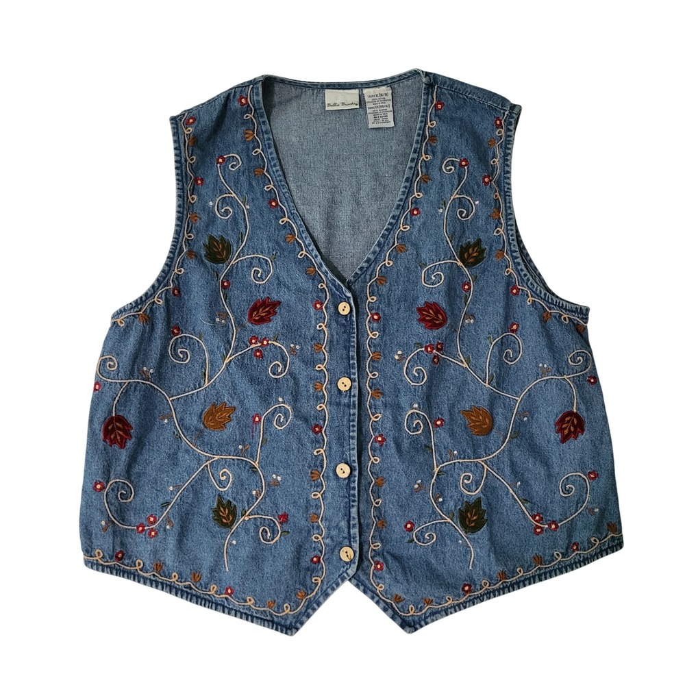 Bobbie Brooks Denim Vest Fall Leaves 16 18 XL Womens Autumn Harvest Jean Top Vtg